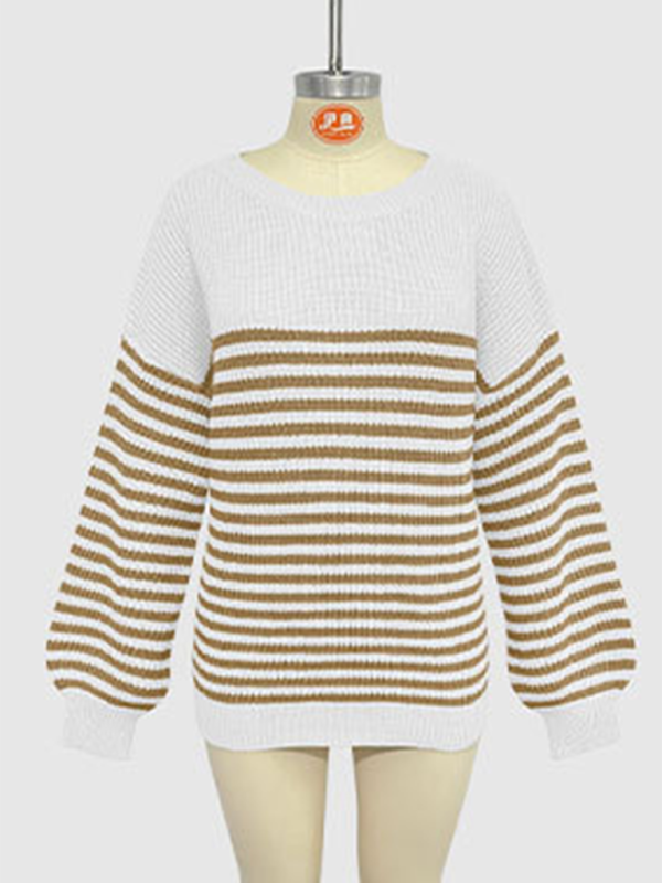 Paola Fashion Striped Color Block Knitted Long Sleeve Round Neck Sweater