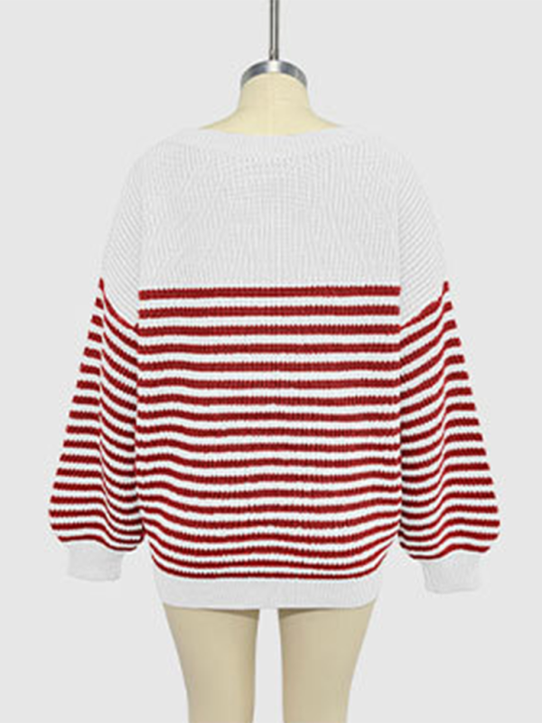 Paola Fashion Striped Color Block Knitted Long Sleeve Round Neck Sweater