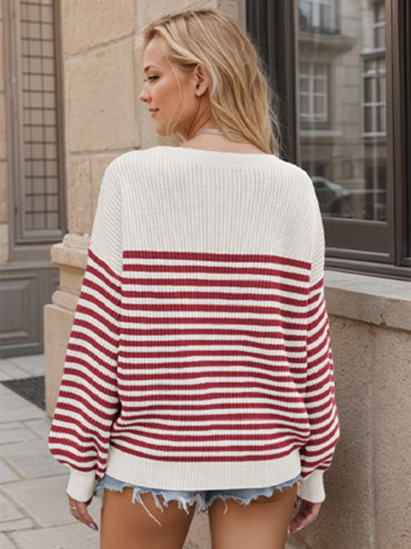 Paola Fashion Striped Color Block Knitted Long Sleeve Round Neck Sweater