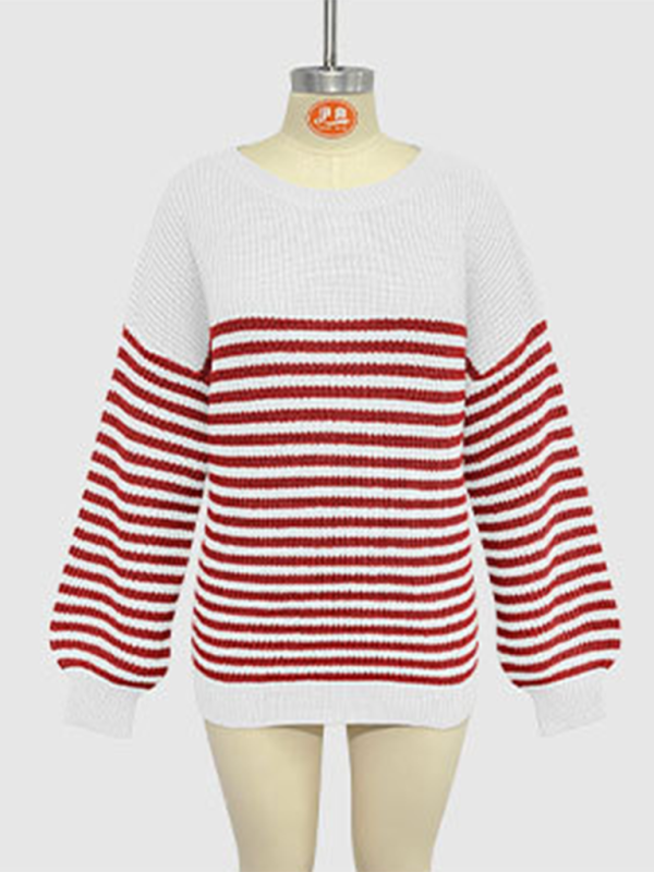 Paola Fashion Striped Color Block Knitted Long Sleeve Round Neck Sweater