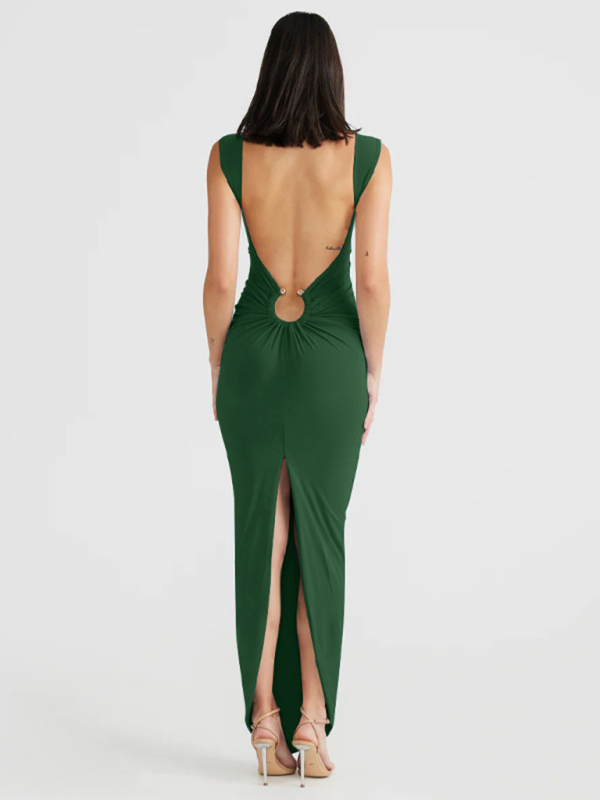 Soleil Sexy V-Neck Backless Slit Slim Dress