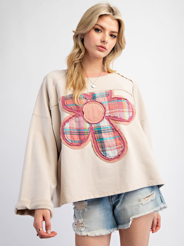 Stephany Women's Colorblock Floral Patch Top Casual Loose Sweatshirt