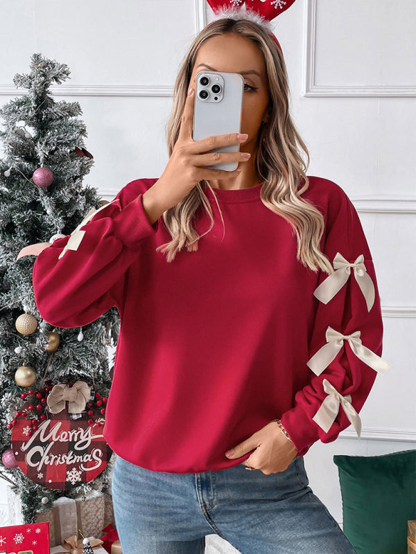 Krystle New Round Neck Bow Red Christmas Sweater