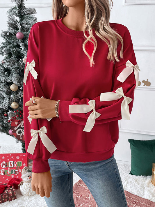 Krystle New Round Neck Bow Red Christmas Sweater