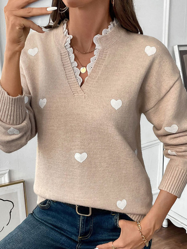 Miracle Love Round Neck Sweater New Valentine's Day V-Neck Splicing Lace Pullover Sweater