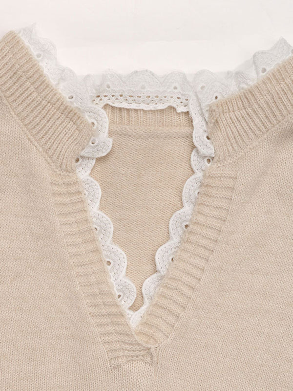 Miracle Love Round Neck Sweater New Valentine's Day V-Neck Splicing Lace Pullover Sweater