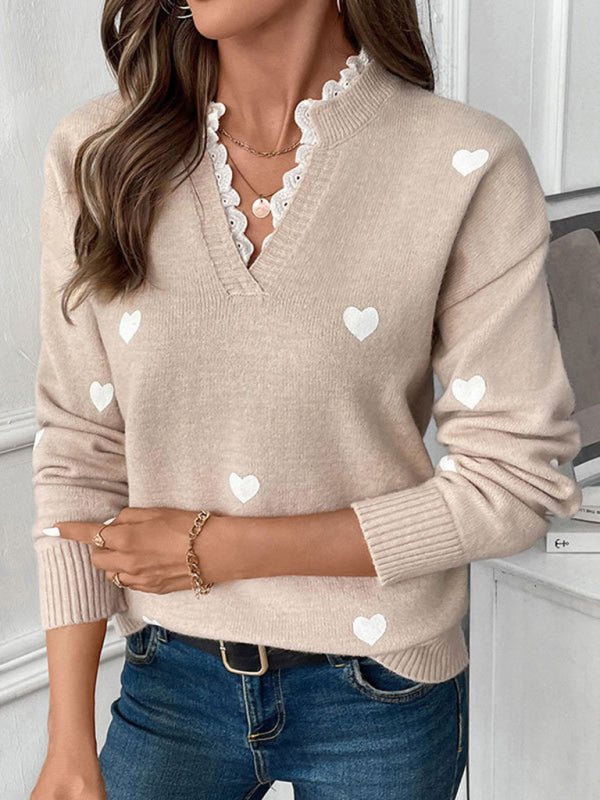 Miracle Love Round Neck Sweater New Valentine's Day V-Neck Splicing Lace Pullover Sweater