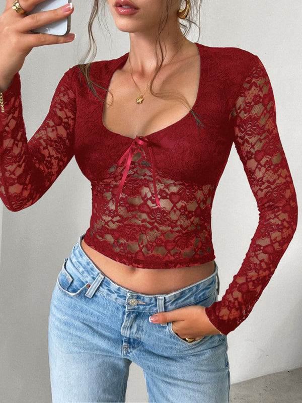 Simone Beautiful Y2K Sexy Style Slim Fit Hollow Long Sleeve Lace Blouse Top