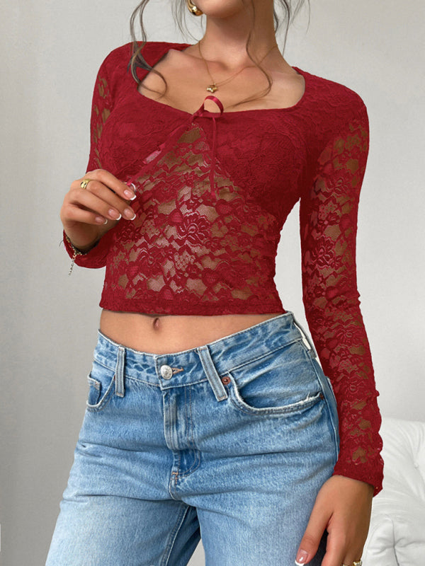 Simone Beautiful Y2K Sexy Style Slim Fit Hollow Long Sleeve Lace Blouse Top