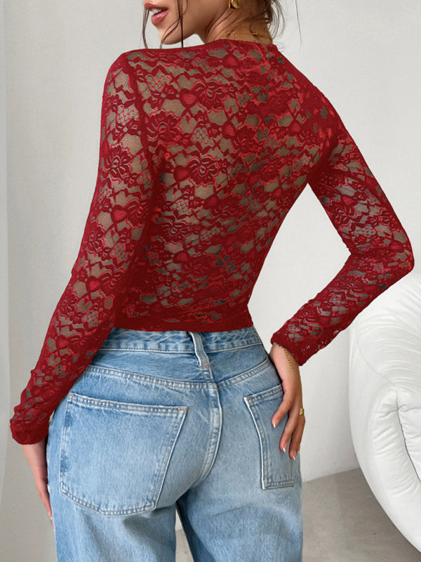 Simone Beautiful Y2K Sexy Style Slim Fit Hollow Long Sleeve Lace Blouse Top