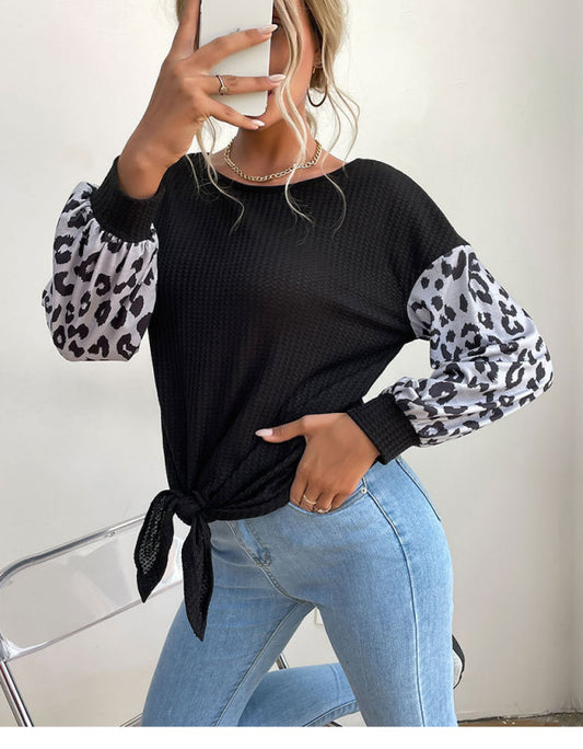 Trista Round Neck Long Sleeve Panelled Leopard Print Black Knit Sweater