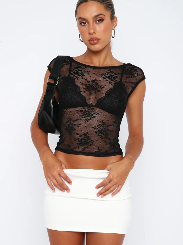 Lark Sexy Lace Mesh Backless Top For Women Sheer See-Through T-Shirt